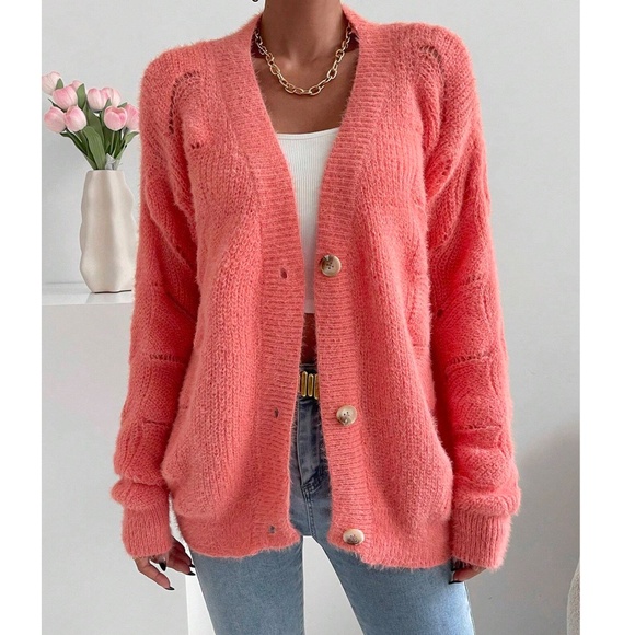 Classic Coral Button Down Loose Fit Cardigan - Picture 4 of 9